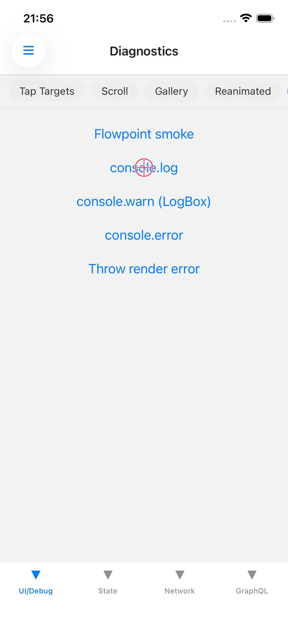 Tapping the console.log button on the Diagnostics screen